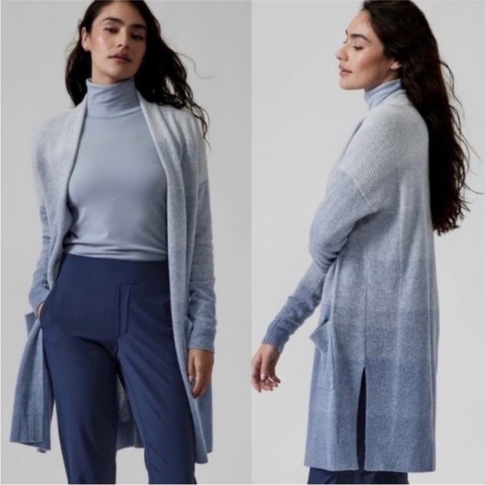ATHLETA Blue Ombre Spirit Wool Cashmere Long Cardigan Sweater Duster Size S